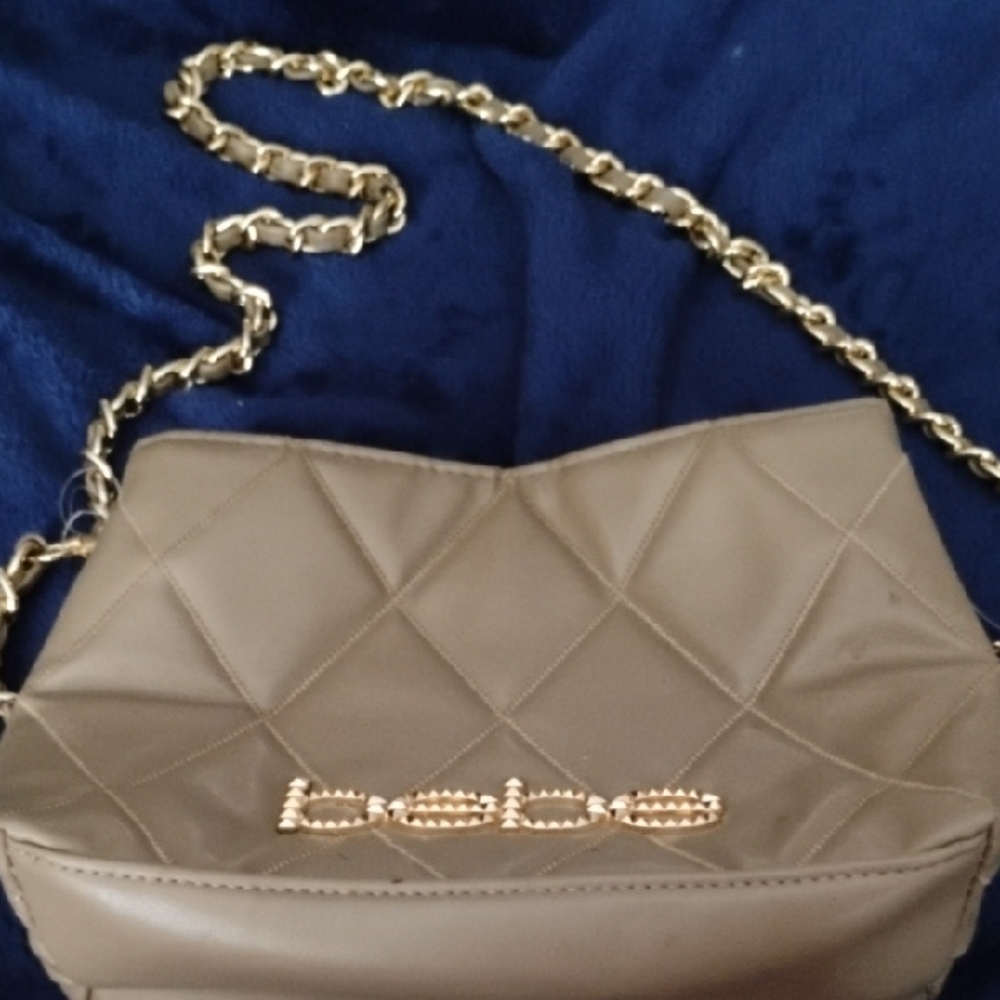 Bebe Taupe Quilted Shoulder Bag with Gold Chain